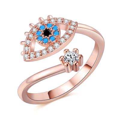 China Personalized Lead Free Nickel Free Gold Plated Blue CZ Crystal Eye Finger Ring Open Adjustable Evil Eye Ring for sale