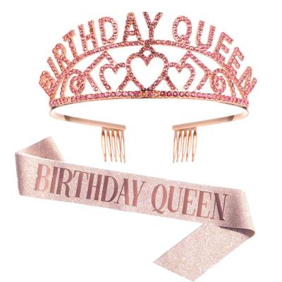 China Fashion Birthday Sash Girl and Toddler Girl Prom Birthday Prinecess Party Tiara Kit Rose Gold Birthday Gifts Big Rhinestone for sale