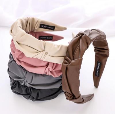 China Hair Accessories Headband Solid Color PU Wide Pleated Hard Fashion Knotted Hair Bands For Women Girls for sale