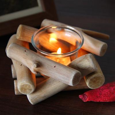 China Driftwood retro romantic European-style simple home modern pastoral original wood glass creative candle holder decoration for sale