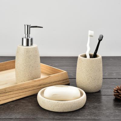 China Sustainable Rustic Vacation Hotel Resin Sandstone 3 Piece Bathroom Accessory Set for sale