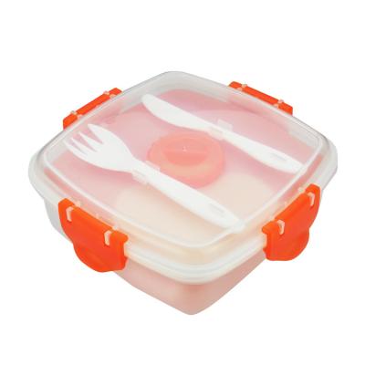 China Viable Unique Square Design Food Grade Plastic Lunch Box With Knife Fork Seasoning Box And Ice Cooler Box Inside for sale