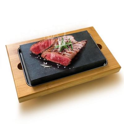 China Sustainable hot sale cooking stone sizzling bamboo board steak stone dish set cookware for sale