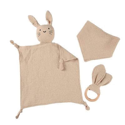 China Soothing Three-Piece Set Beech Rabbit Ear Bite Ring Towel Saliva Towel Baby Cotton Air Permeable Gauze Animal Towel for sale