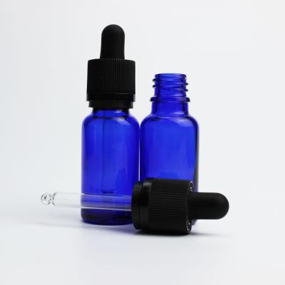 China 20ml 30ml Essential Oil Glass Cosmetic Blue Bottle With Clear C&C Tamper Cap Dropper DIN 18mm for sale