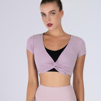 China Breathable Slim Ribbed Short Sleeve Twist Fitness Wear Sports Tops Women Top Rib Fitness Yoga Crop Shirts for sale