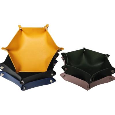 China Free Sample Hexagon Shape Jewelry Minimalist Leather Display Tray PU Carve Trays for sale