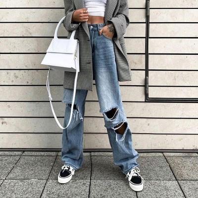 China Dropshipping QUICK DRY Fashion New High Waist Women's Loose Destroyed Hole Denim Wiping Pants Casual Vintage Wide Leg Jeans Pants for sale