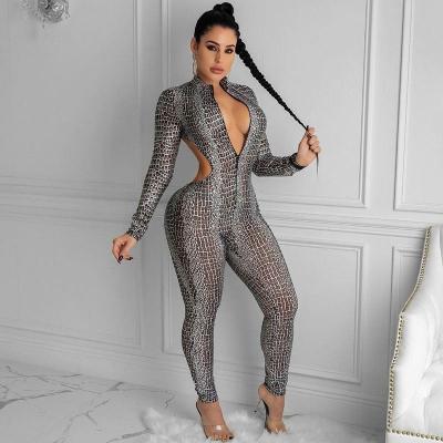 China Dropshiping 2021 New Women's V-Neck Vest Jumpsuit Sexy Backless Sexy Snake Pattern Long Sleeve Fitness Jumpsuit Clubwear Overalls for sale