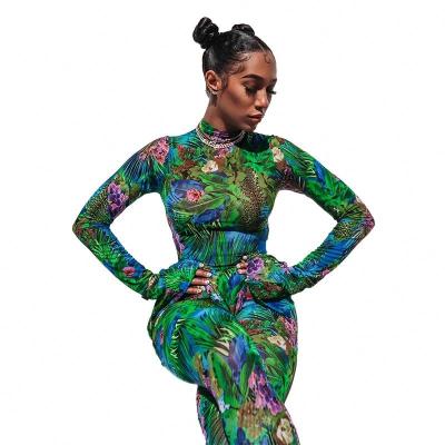 China Dropshipping QUICK DRY 2021 New Arrivals Spring Leaves Print Rocket Long Sleeve Two Piece Set Women Flared Pants Suit Streetwear for sale