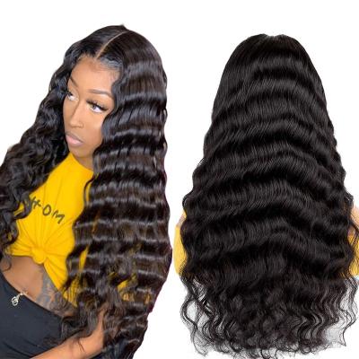 China ALL Textures Glueless 150% Density 30inch Deep Wave Brazilian Virgin Lace Frontal Wigs Baby Hair Lace Front Wig Natural Preplucked Hairline for sale