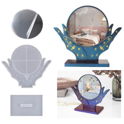 China DIY Viable Silicone Makeup Mirror Photo Frame Mold Crystal Epoxy Resin Cosmetic Hand Desktop Mirror Molding Kit Mold With Bracket for sale