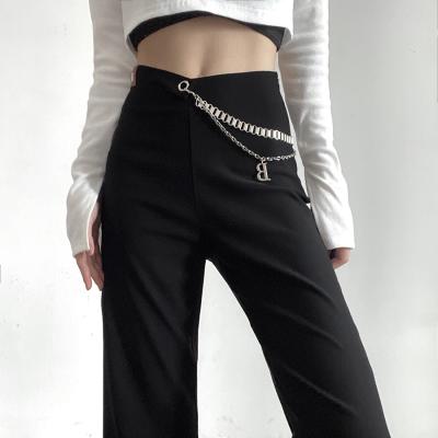 China Kliou K21P08012 Breathable New Design Plus Size Straight Denim Chained Solid Women's Pants And Trousers for sale