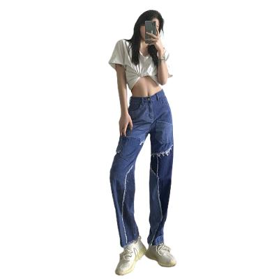 China Kliou breathable patchwork color block jeans woman street vintage straight pants 2020 blue new female denim trousers leisure pockets for sale