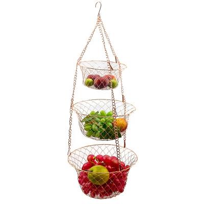 China Sustainable 3 Tire Fruit And Vegetable Kitchen Storage Basket With Ceilling Chain Metal Hanging Fruit Basket for sale