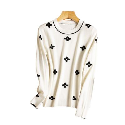 China Breathable Embroidered Woolen Sweater Women Autumn And Winter Round Neck Long Sleeve Sweater for sale