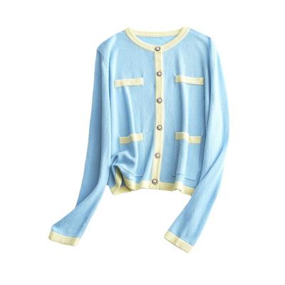 China Breathable Knitted Cardigan Splicing Long Sleeve Sweater Coat Female Autumn Winter To Reduce Age Soft Jacket for sale