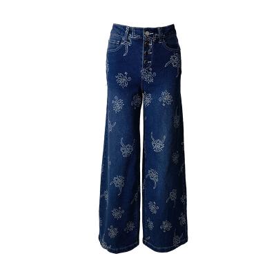 China New Arrival Loose Women's Wide Leg QUICK DRY Denim Printed Waist Culotte Jeans Tops For Women for sale