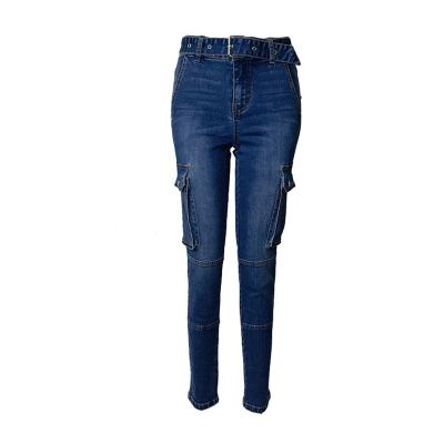 China Dark Blue Straight Comfy Elastic Skinny Fit QUICK DRY Wash Patch Pockets Cargo Biker Ribbed Skinny Fit Jeans for sale