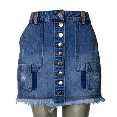 China High-waisted fashionable women's mini skirt personality QUICK DRY pockets connected with two contrasting blue bull denim skirts for sale