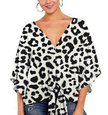 China Anti-wrinkle white low leopard printed sexy flare sleeve women blouses and tops ladies T-shirt for women for sale