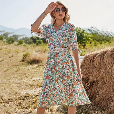 China Women's maxi dress summer dress 2021 fashionable women's flora V-neck breathable quick-drying dress with elastic on the waist for sale