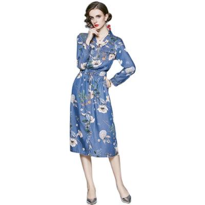 China Anti-wrinkle summer women dresses cool print blue tunic zipper slim neckline knee length soft fall style women dress for sale