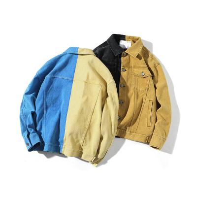 China Factory hottest mens clothing QUICK DRY turn down collar denim patchwork fashion black yellow jacket for sale