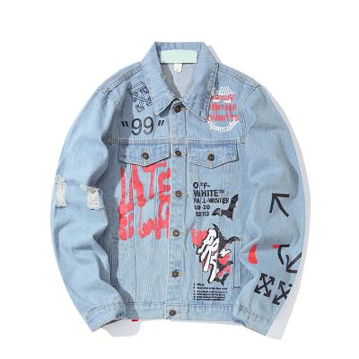 China American Fashionable Mens Clothing Breathable Graffiti Alphabet Arrow Printed Boys Cotton Jeans Ripped Sleeve Custom Denim Jacket for sale