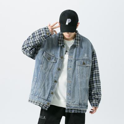 China 2022 Spring Plaid Two Piece Fake Sleeve Viable Jean Shirt Denim Men Autumn Man Fashion Custom Denim Jackets for sale