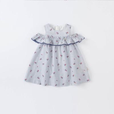 China Custom Made Washable Summer Blue Girls Dress 100% Cotton Mini Loose Floral Dress Baby Frill Dress For Casual for sale