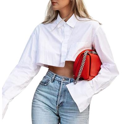 China Fashion Anti-pilling White Blouse Women Stand Collar Hollow Out Lace Up Crop Tops Shirt Custom Cotton Long Sleeve Crop Top for sale