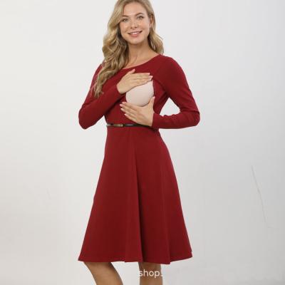 China Fashion Breathable Custom Cotton Casual Tights Knit Plus Size Nursing Long Sleeve Ruffled Red Maternity Dresses For Office for sale