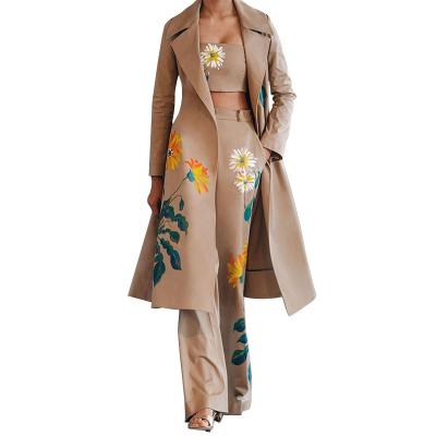 China zm60479b QUICK-DRY women's suit new fashion temperament printing gap coat long three-piece set for sale