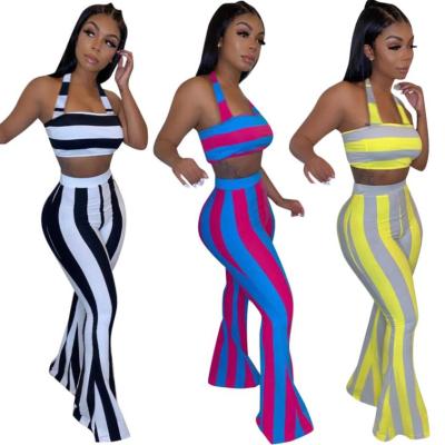 China zm60132b QUICK DRY Candy Color Chest Wrap And Bell-Based Pants Striped Women Suit Two Piece Set for sale