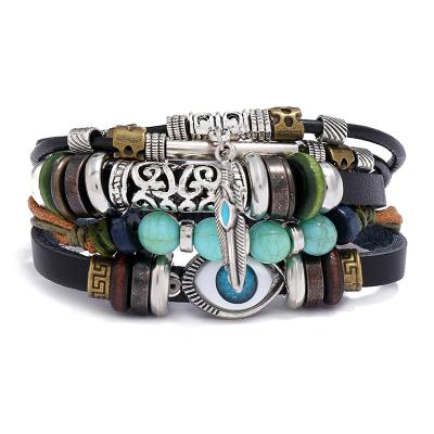 China Hot Selling Punk Alloy Charms Turquoise Blue Eyes Multilayer Leather Bracelet Turkish Gemstone Bracelet for sale