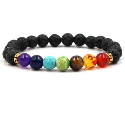 China Cheap Elastic Price Natural Size Lava Stone Beads Fashion Chakra Bracelets Stone 8mm Yoga Size 7 Chakra Energy Bracelets for sale