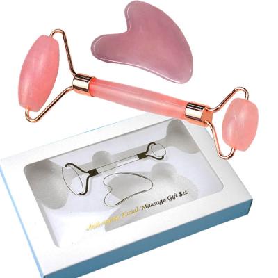 China Facial Massager Pink Rose Quartz Jade Roller and Gua Sha with Logo Engrave for sale