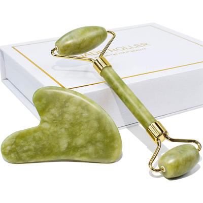 China Integrated Zinc Alloy Frame Green Jade Gua Sha Roller for Face and Neck Massage for sale