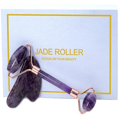 China Facial Massager Purple Jade Roller and Rose Quartz Gua Sha Set for Lymphatic Drainage for sale