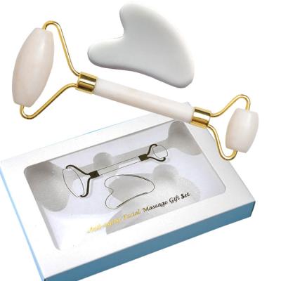 China Integrated Zin Alloy Frame Noiseless Facial Anti-Aging Massage Jade Roller and Gua Sha Set for sale