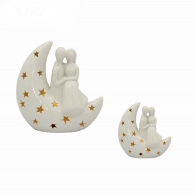 China Porcelain Wedding Gift A Pair Porcelain Lover Moon LED Light Ceramic Sitting Birthday Gift Home Decoration for sale