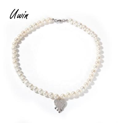 China New Uwin Hiphop Heart Drops Water Shaped Pearl Necklace Delicate Pendant Necklace Wholesale Hip Hop Jewelry for sale