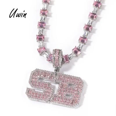 China Custom Hiphop Square Pink CZ Varsity Year Number Letter Nameplate Necklace Women Hitter Pendant Jewelry for sale