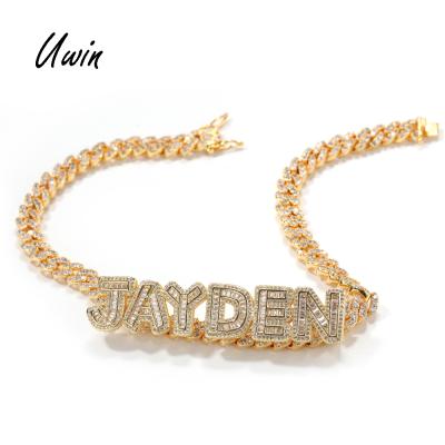 China Custom Brass Hip Hop Cuban Link Name 9mm Choker Necklace Zirconia Name Chain 18K Gold Plated Jewelry for sale