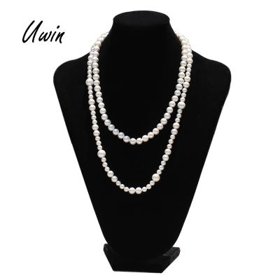 China Hiphop Freshwater Pearl Beaded Long Chain Necklace Chain Iced Out Stainless Steel Cross Charms Rapper Jewelry for sale