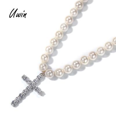 China Hiphop Single Strand Pearl Necklace 18inch Choker With CZ Cross Pendant Women Men Party Wholesale Price Hip Hop Jewelry for sale