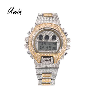 China Automatic Date UWIN Iced Out Luxury Mens Wrist Digital Watches Full CZ Hand Watches Rapper Jewelry for sale