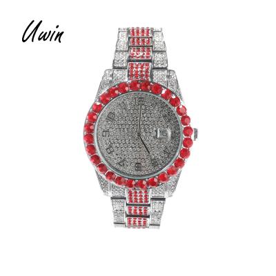 China Full Day/Date UWIN 2022 Bling Bling Iced Out CZ Red Round Watch Digits Luxury Hip Hop Striker Watches Women Msn for sale