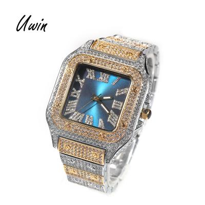 China UWIN Hip Hop Automatic Date Watches Blue Black Face Iced Out Two Tone Luxury Watch Square Dial Roman Numeral Watches Women Man for sale